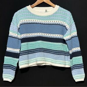 Y2K | CLOTH BY DESIGN Crochet Stripe Cotton Sweater | Cropped Boxy | Soft Girl